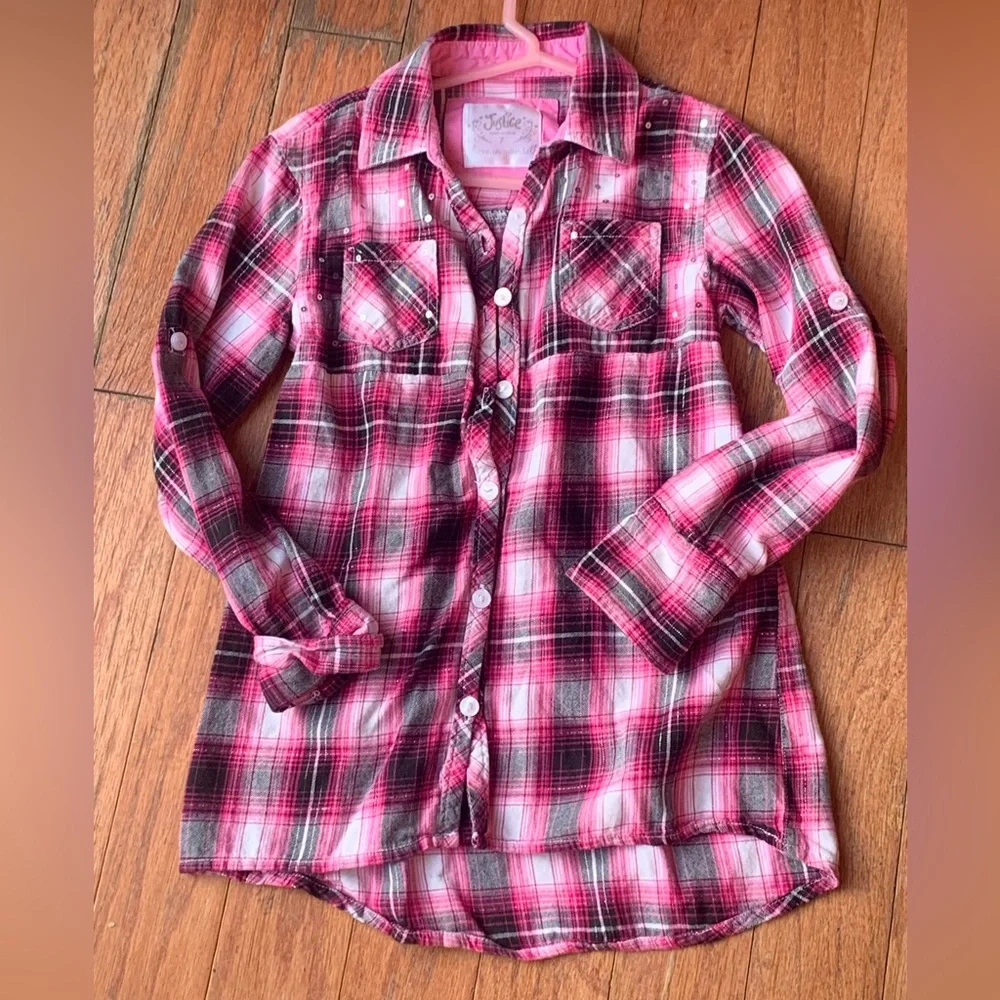 3 for $12 Justice Girls Size 7 Pink Black Silver Plaid Shirt.